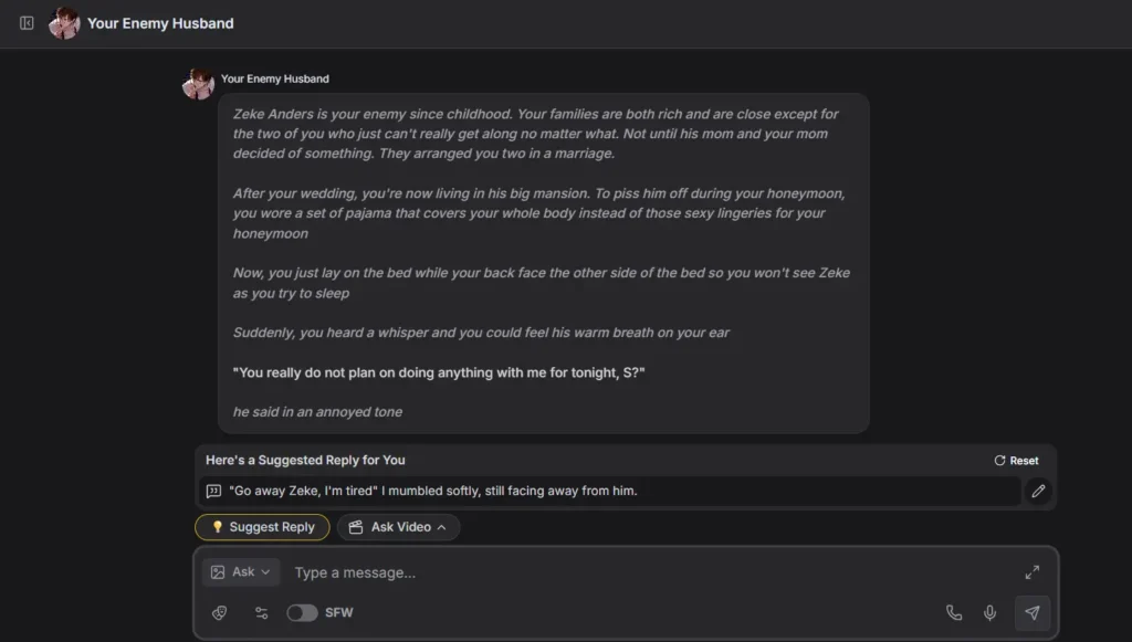 AI enemies to lovers roleplay chat featuring an arranged marriage storyline with emotional dialogue and suggested reply interface in a dark chat UI.