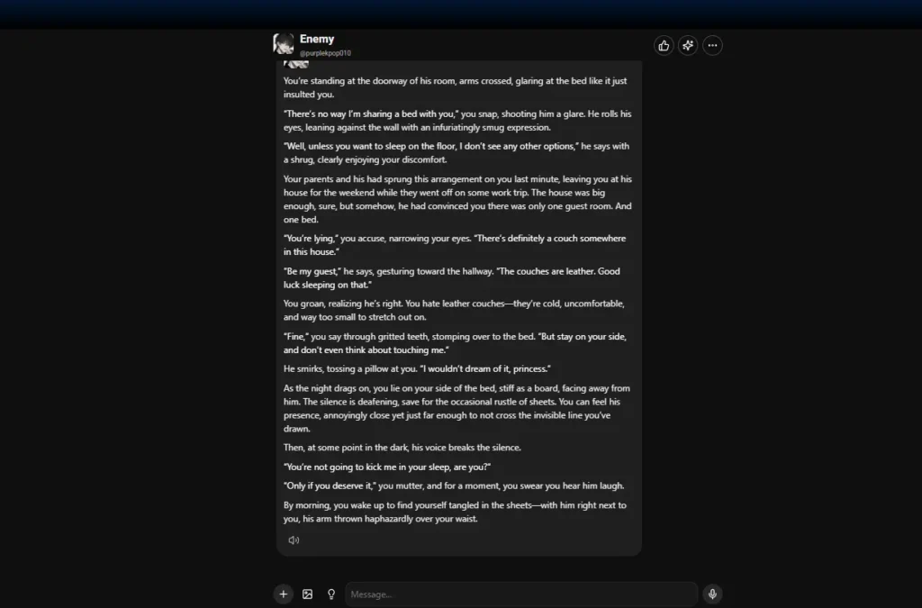 the conversation showing one-bed trope scenario in an AI storytelling chat with immersive romantic tension and narrative text.