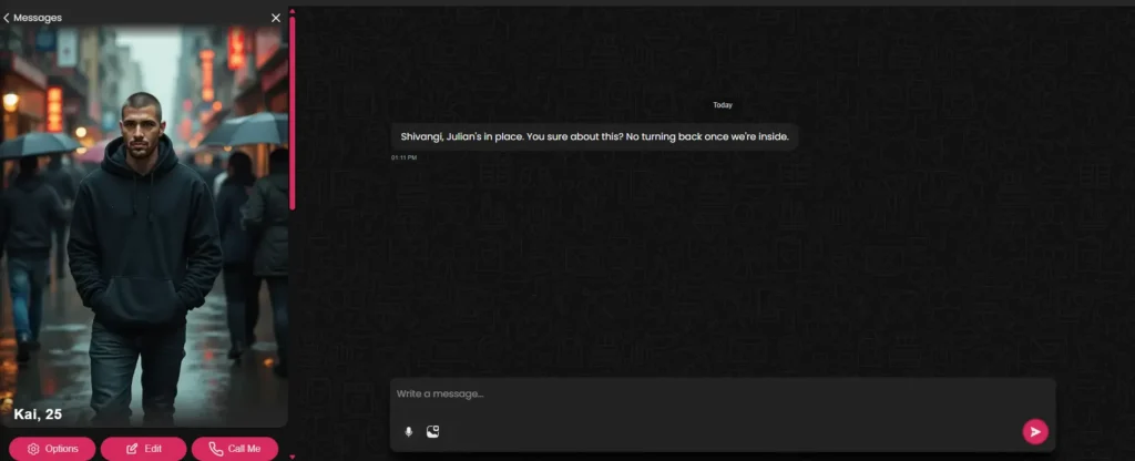 AI boyfriend chat interface featuring a mysterious virtual character conversation set in a nighttime urban environment with romantic messaging prompts.