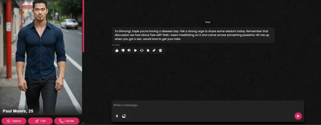 Secret Desires AI slow romance chatbot conversation screen with character Paul Moore including call feature and personalized messaging