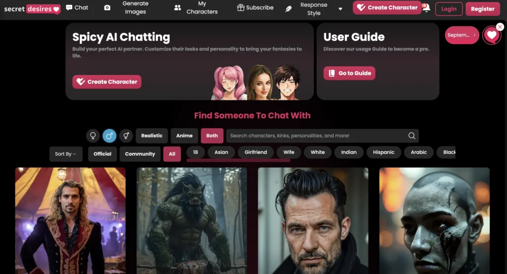 Secret Desires app website showing an AI boyfriend designed for romantic conversations