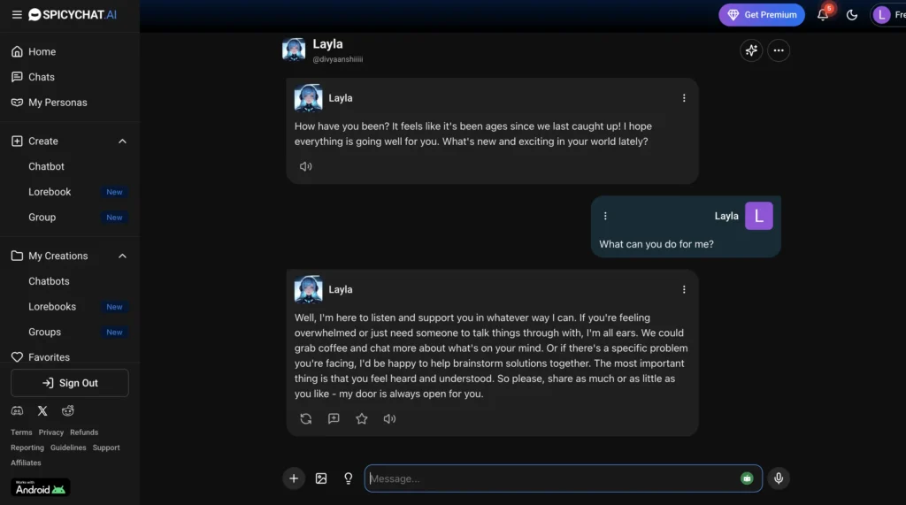 SpicyChat AI companion app demonstrating narrative based AI dialogue