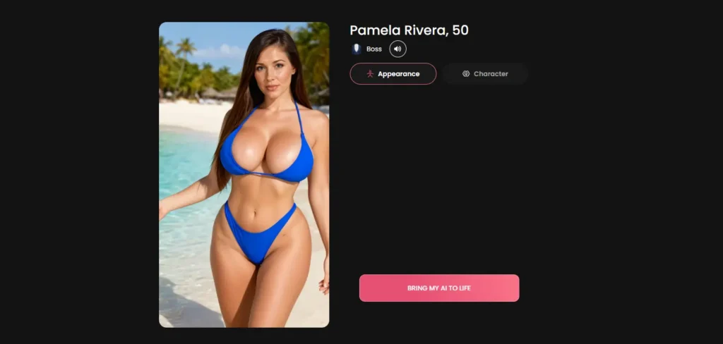 AI Sugar Mommy virtual companion profile preview with customizable appearance and AI personality settings