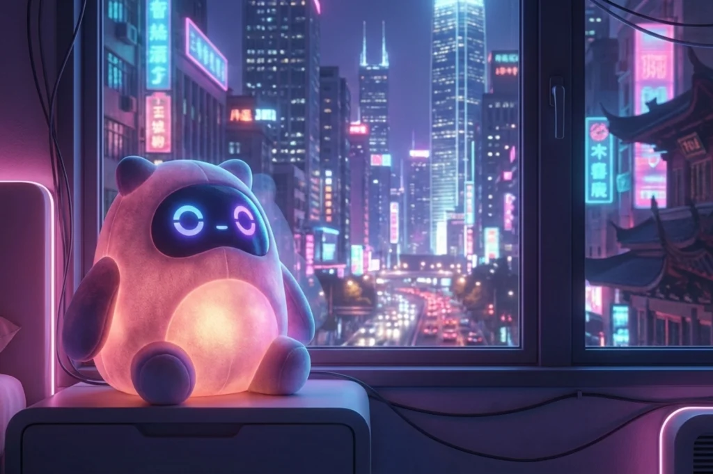 Plush AI companion toy glowing softly inside a modern apartment with neon city lights outside, reflecting urban life in China.