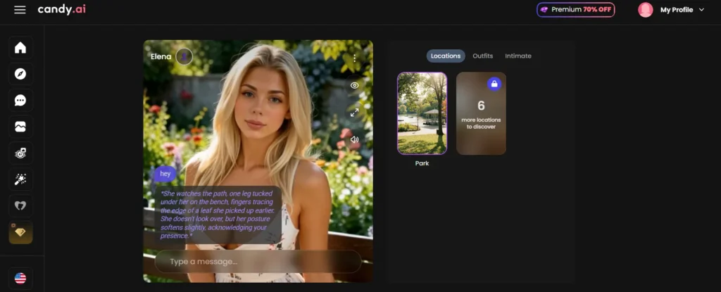 AI girlfriend comparison featuring Candy AI with a lifelike 3D avatar in a park scene