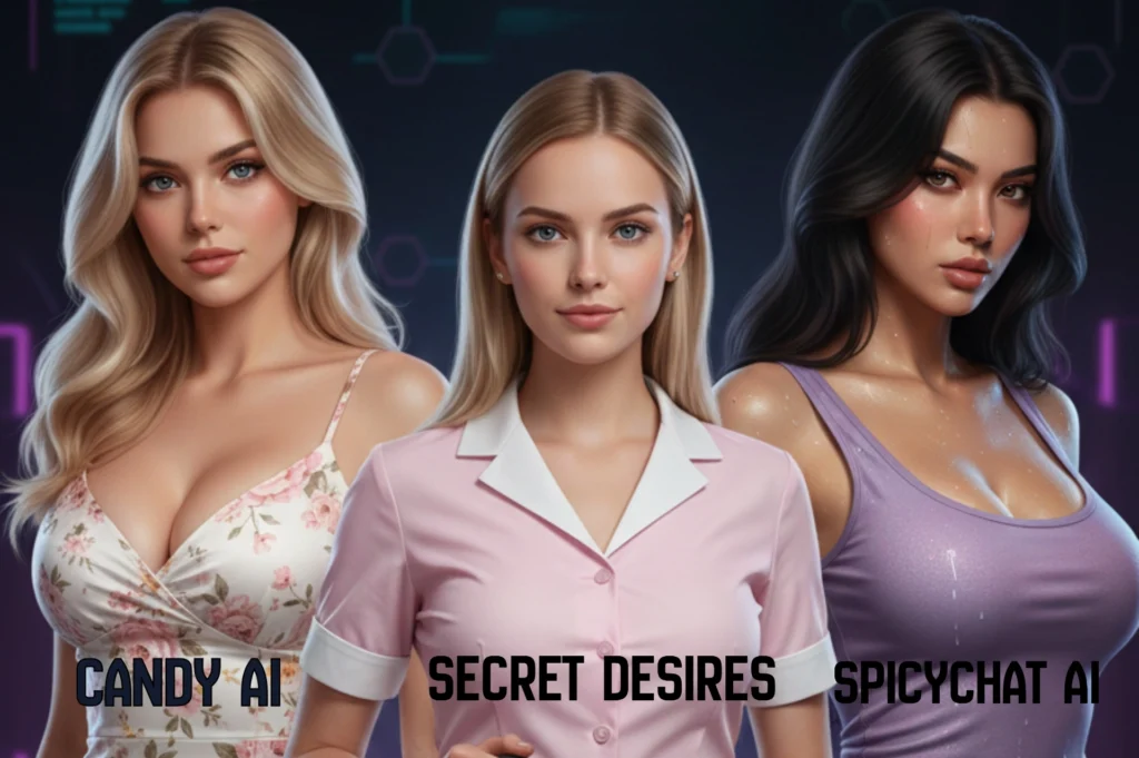 AI girlfriend comparison showing Candy AI, Secret Desires, and SpicyChat AI 3D companions side by side with realistic avatars