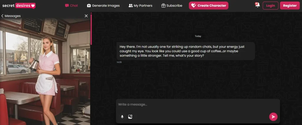 AI girlfriend comparison showing Secret Desires AI starting a conversation with a realistic companion