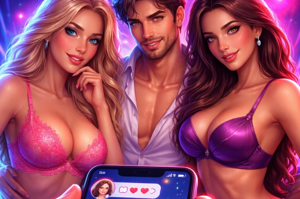 Futuristic neon illustration of three AI companions representing AI-powered polyamory and ethical non-monogamous digital relationships.