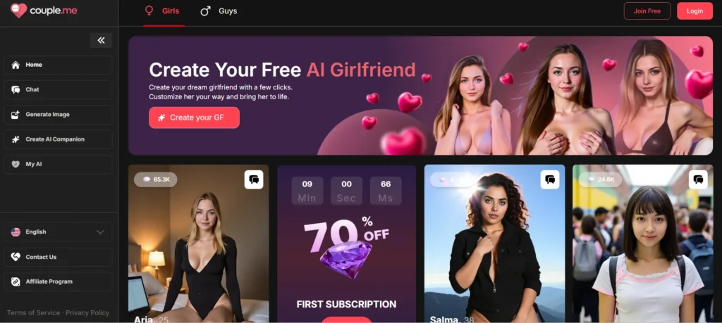 AI Valentine companion interface on Couple.me showing AI girlfriend creator with multiple customizable female characters and 70% off promotion