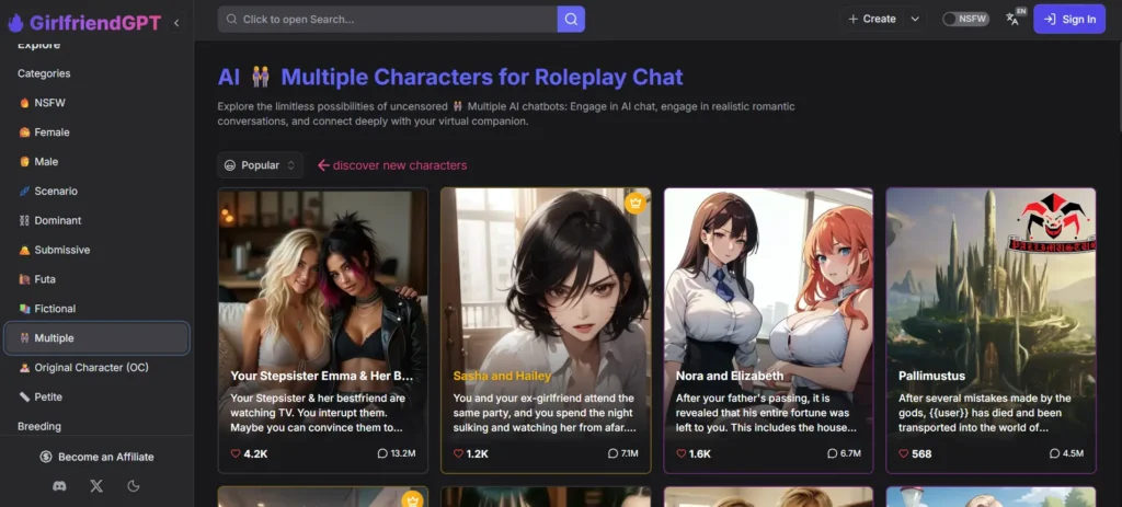 GirlfriendGPT AI Valentine companion interface displaying multiple characters for roleplay chat including stepsisters, ex-girlfriends, and fantasy scenarios