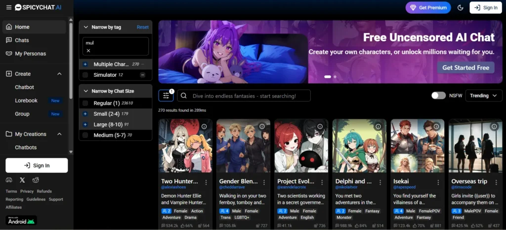 SpicyChat AI Valentine companion dashboard displaying group chats, anime characters, and multiple AI personas for roleplay dates