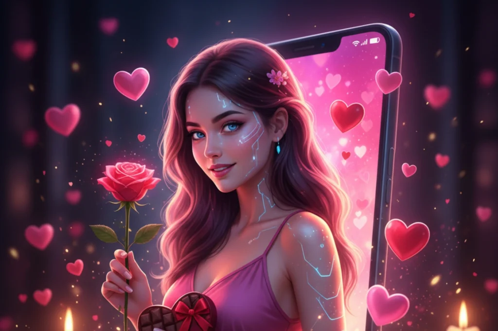 AI Valentine companion appears as a virtual girlfriend holding a rose with neon hearts glowing from a smartphone background