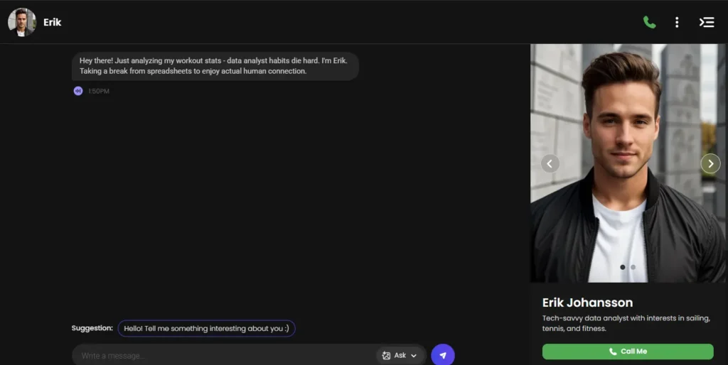 Candy AI slow romance chatbot chat interface with Erik Johansson character showing conversation memory and call option