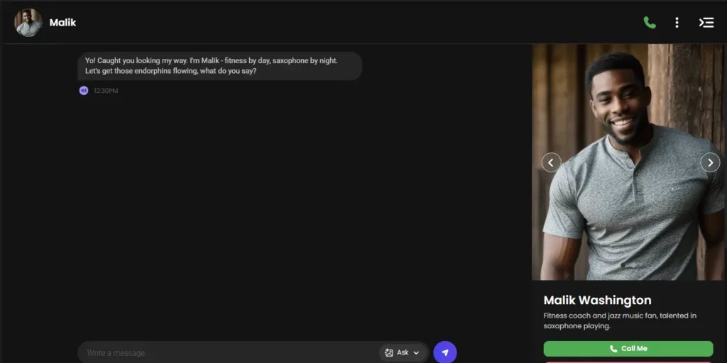AI boyfriend messaging interface showing a fitness coach virtual companion sending personalized messages and maintaining ongoing conversation memory.