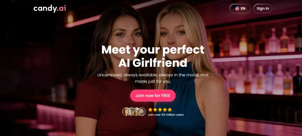 Realistic 3D AI girlfriend avatars on Candy AI homepage with lifelike facial expressions and neon lighting