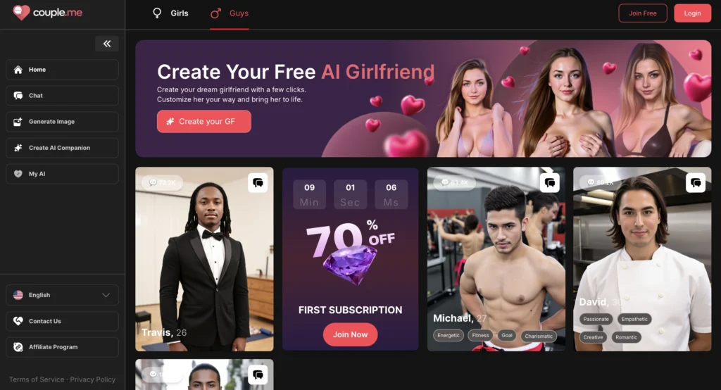 couple.me website displaying a soft relationship-based AI boyfriend companion interface