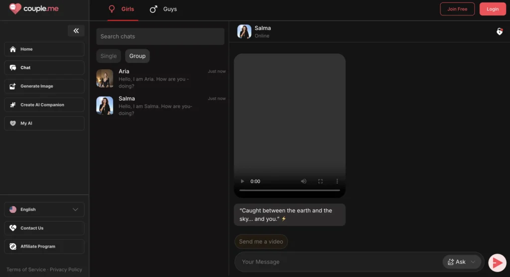 couple.me AI companion app showing shared multilingual conversation space
