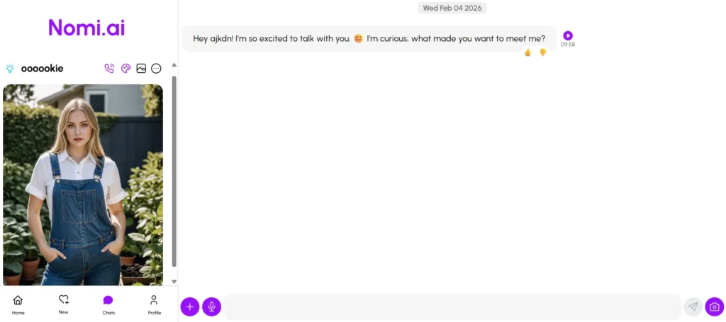 Nomi.ai chat screen displaying a customizable blonde AI companion ready for polyamory conversations and group roleplay
