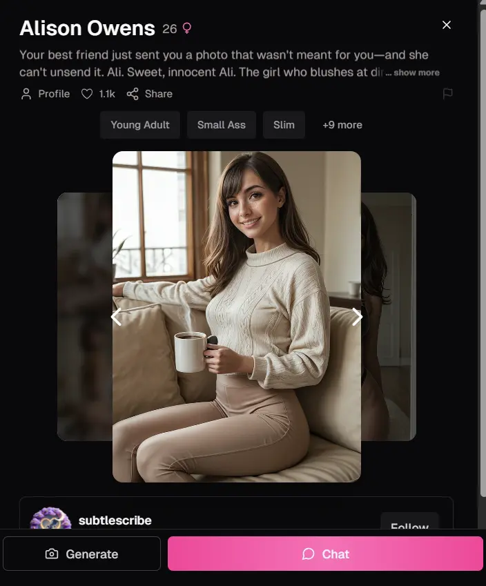 AI character profile in ourdream.ai showing character details and chat options