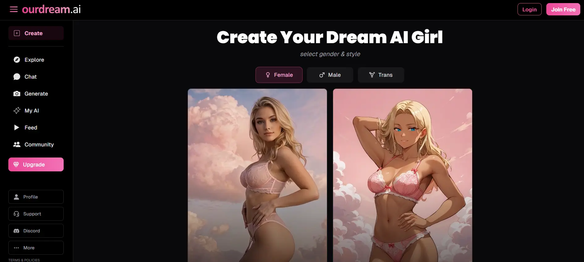 ourdream.ai character creation screen with female, male, and trans options