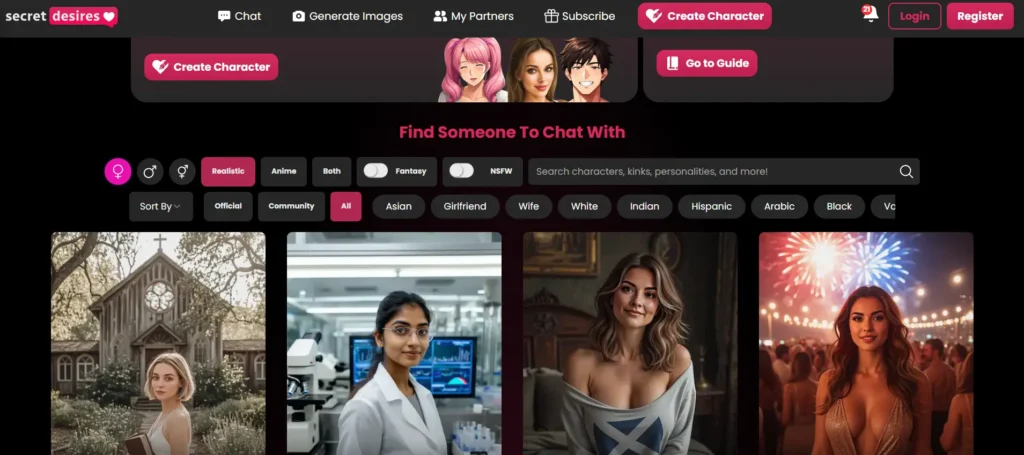 Secret Desires AI girlfriend platform showing diverse companion characters and personality filters