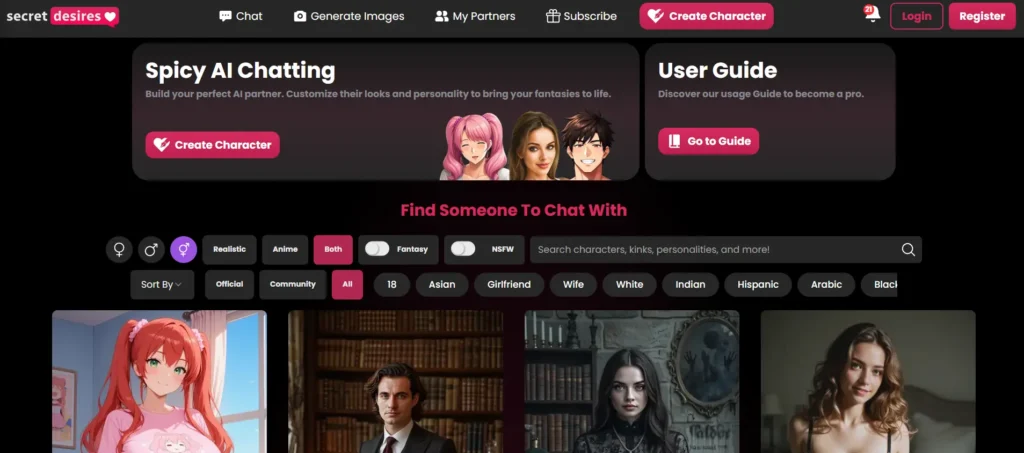 Secret Desires AI homepage with options to create multiple realistic and anime AI partners for polyamory and NSFW roleplay