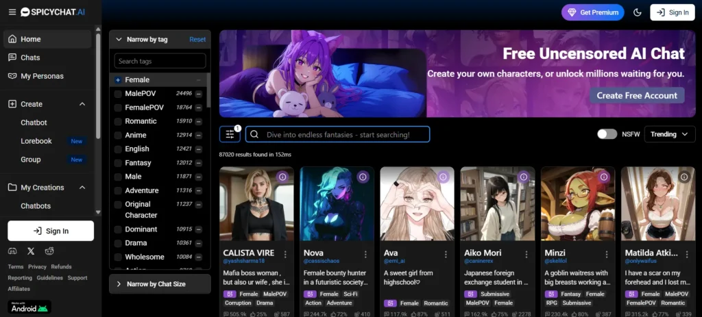 SpicyChat AI interface displaying anime and fantasy AI girlfriend roleplay characters