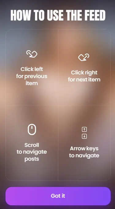 Swipey AI interface screen titled How To Use The Feed showing navigation instructions for swiping left, right, and scrolling