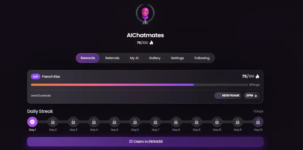 Swipey AI daily login rewards screen showing streak progress, level unlocks, and reward options.
