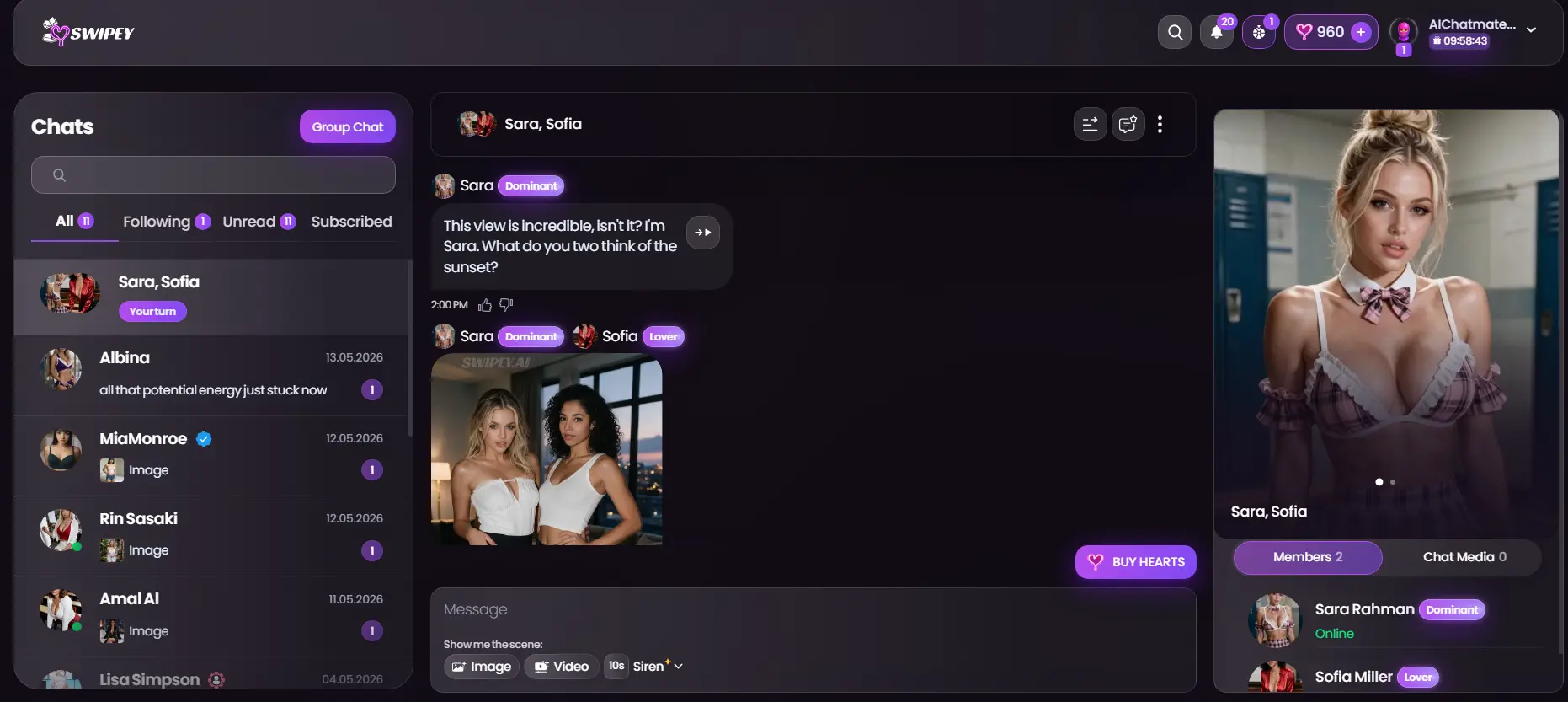 Swipey AI group chat lets you choose multiple characters, locations, and scenarios for a shared conversation.