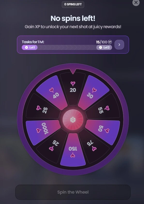 Swipey AI spin wheel interface showing heart rewards and XP progress.