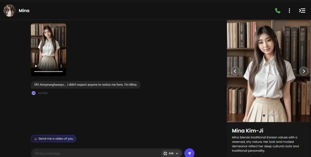 AI companion chat interface showing immersive conversation experience where a virtual partner engages emotionally, illustrating digital companionship and feeling emotionally pursued instead of ignored.