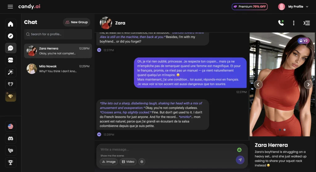 Candy AI French chat conversation showing an AI companion responding in French with natural dialogue and personalized interactions.