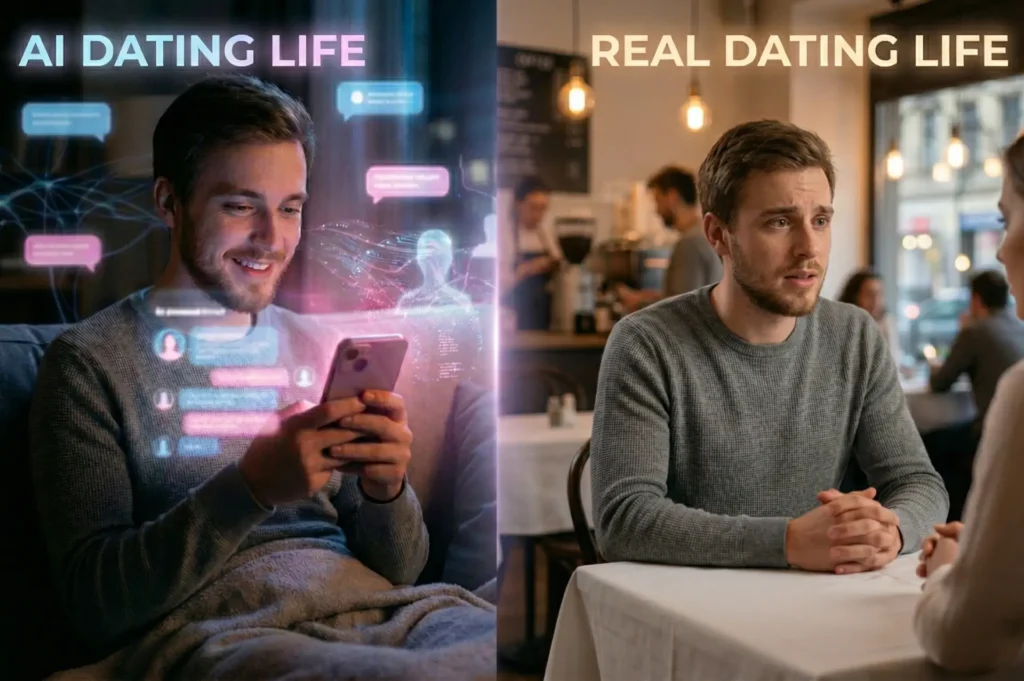 split screen showing AI dating life vs real dating life with man chatting on AI dating app and struggling in real date highlighting using AI for dating and re entering dating scene with AI