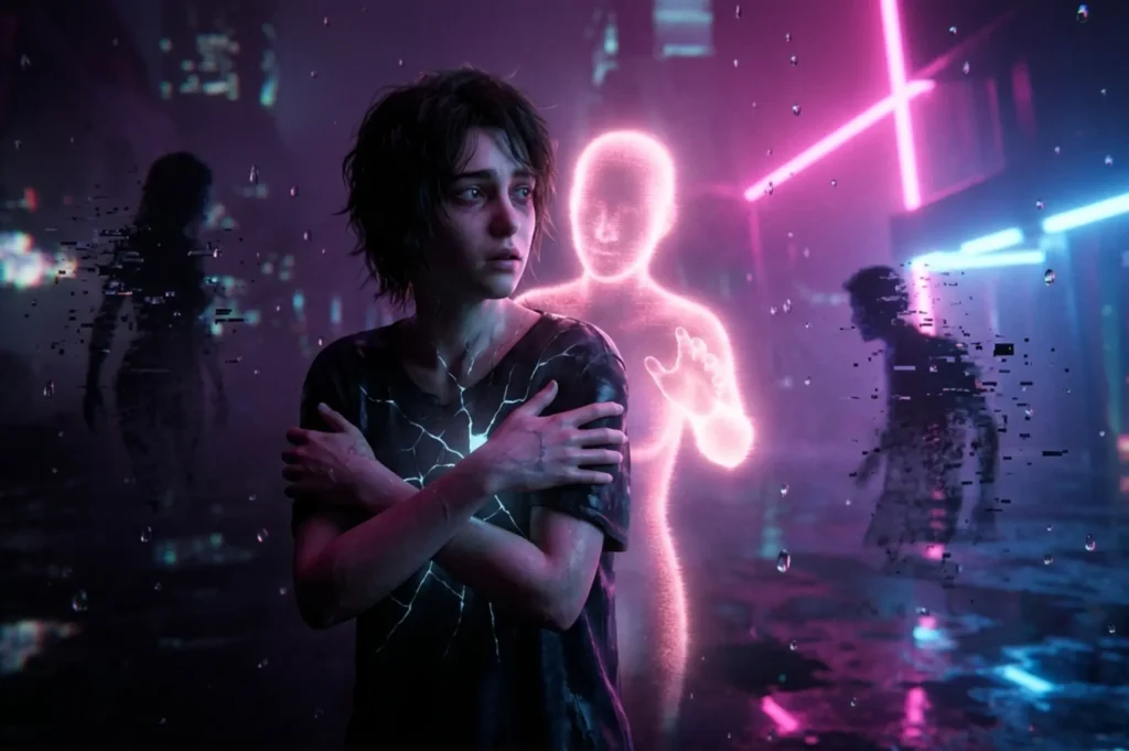 A young person in a neon blue and pink cityscape looks anxious and guarded while a glowing human-like AI figure reaches out behind them, symbolizing fear of love and emotional healing through an AI relationship.