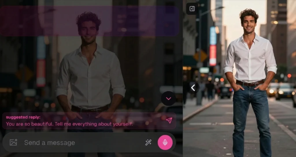 AI companion chat interface showing a man on a city street while a suggested reply praises the user, reflecting digital validation and praise kink dynamics.