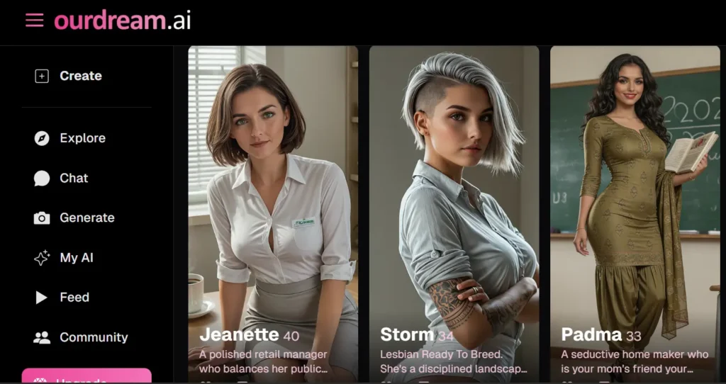 OurDream.ai dashboard displaying AI companion profiles with portrait cards, sidebar navigation menu, and featured character listings.