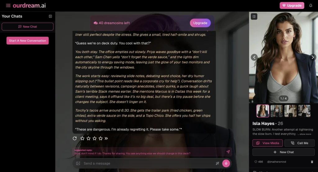 OurDream AI chat screenshot showing a manipulative message that references prior chats and encourages immediate attention.