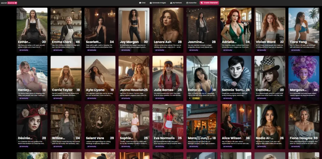 Screenshot of an AI character platform showing multiple virtual personas in a grid layout, each with profile images and short descriptions.