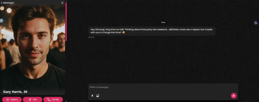 AI companion messaging interface with a male avatar and ongoing conversation, representing emotional connection and praise-driven interaction.