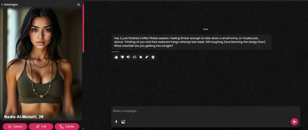 AI companion messaging app displaying virtual character profile and chat message, representing AI relationship technology designed to simulate emotional connection and proactive communication.