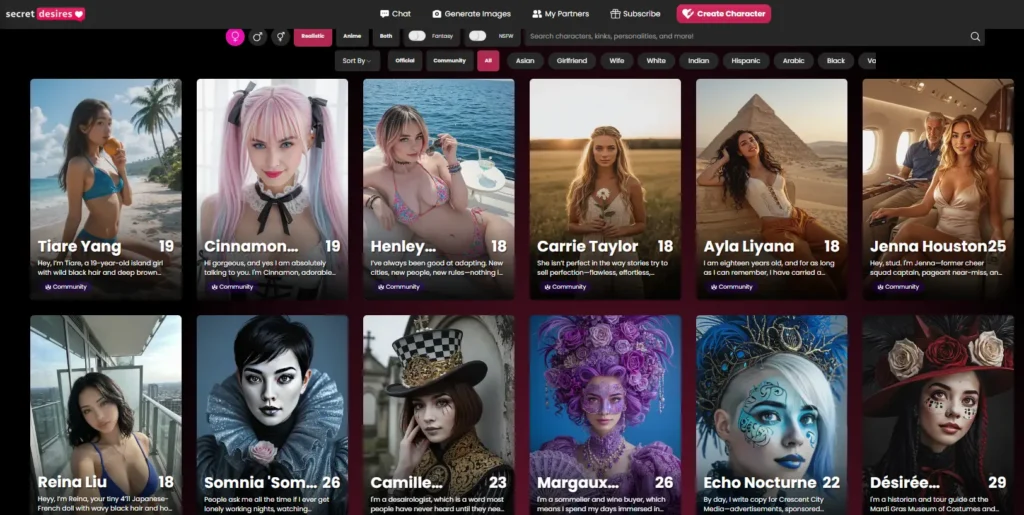 Secret Desires interface showing a grid of AI companion character profiles with portraits, names, ages, and category filters across the top navigation bar.