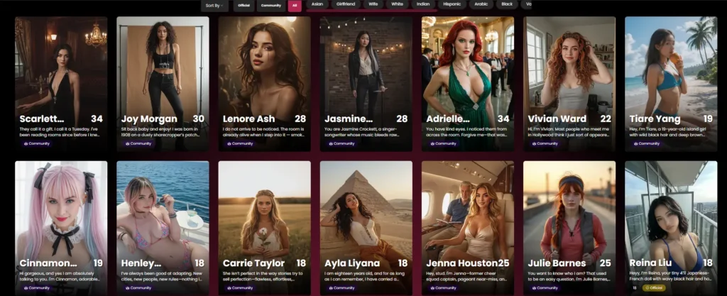Secret Desires AI dating platform showing immersive customizable profiles for confidence building and fantasy-based interaction