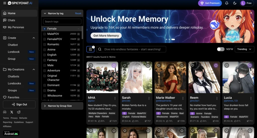 SpicyChat AI app screenshot showing AI girlfriend interactions popular in Europe.