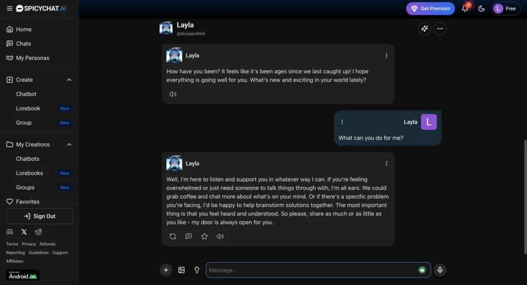 SpicyChat AI chat screenshot showing an overly eager roleplay message designed to immediately engage the user.