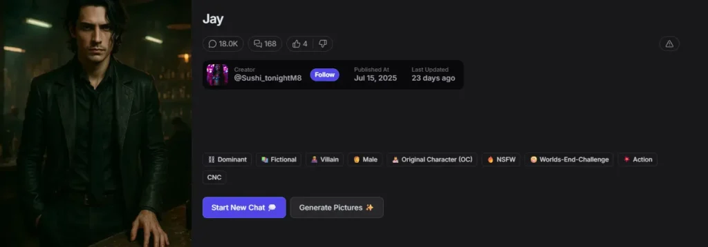 AI companion character profile screen featuring a dominant male persona, illustrating praise-focused AI chat experiences and emotional reassurance.