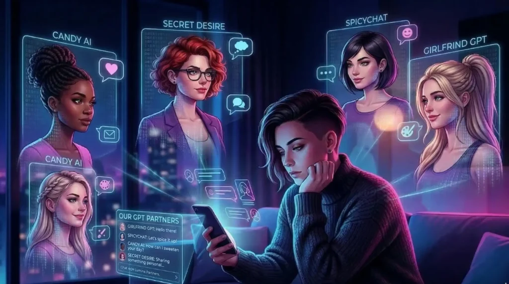 best AI lesbian dating apps Europe neon illustration with woman using smartphone and AI companions