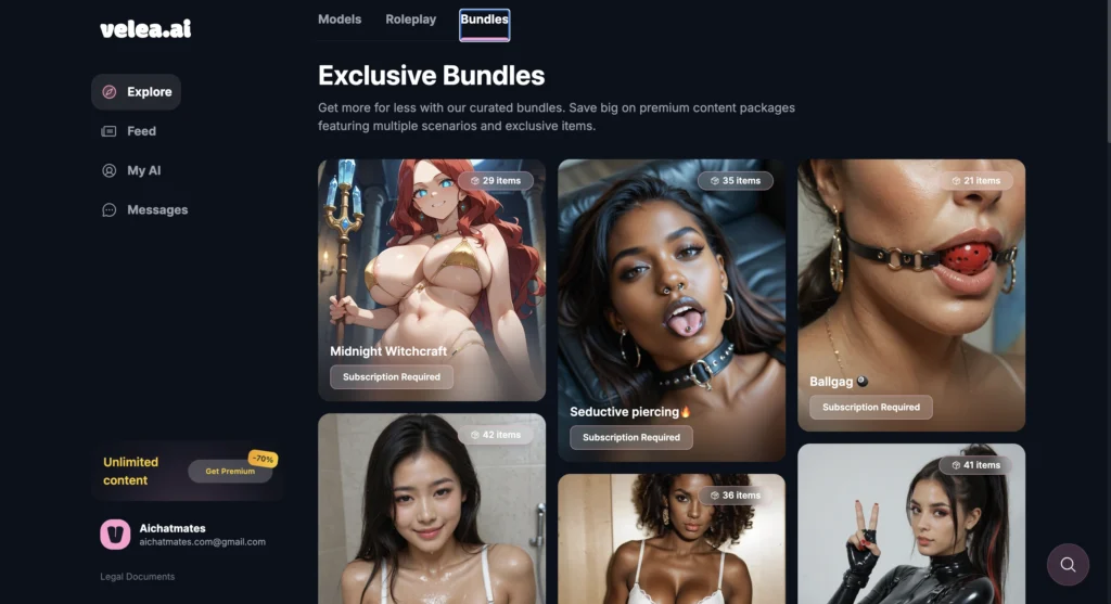 Screenshot of Velea AI bundles section showing themed content packages with multiple items and unlock options.