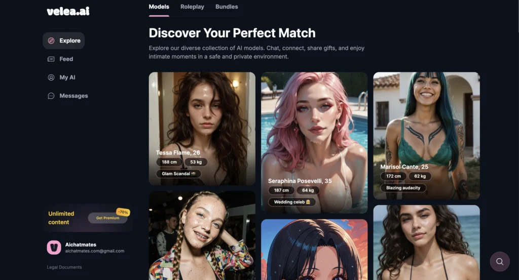 Screenshot of Velea AI models section displaying multiple AI personalities with different themes and interaction styles.