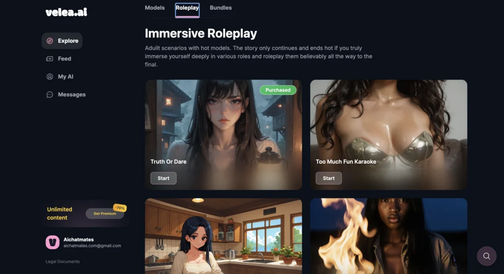 Screenshot of Velea AI roleplay interface showing a conversation with an AI character in a scenario-based chat.